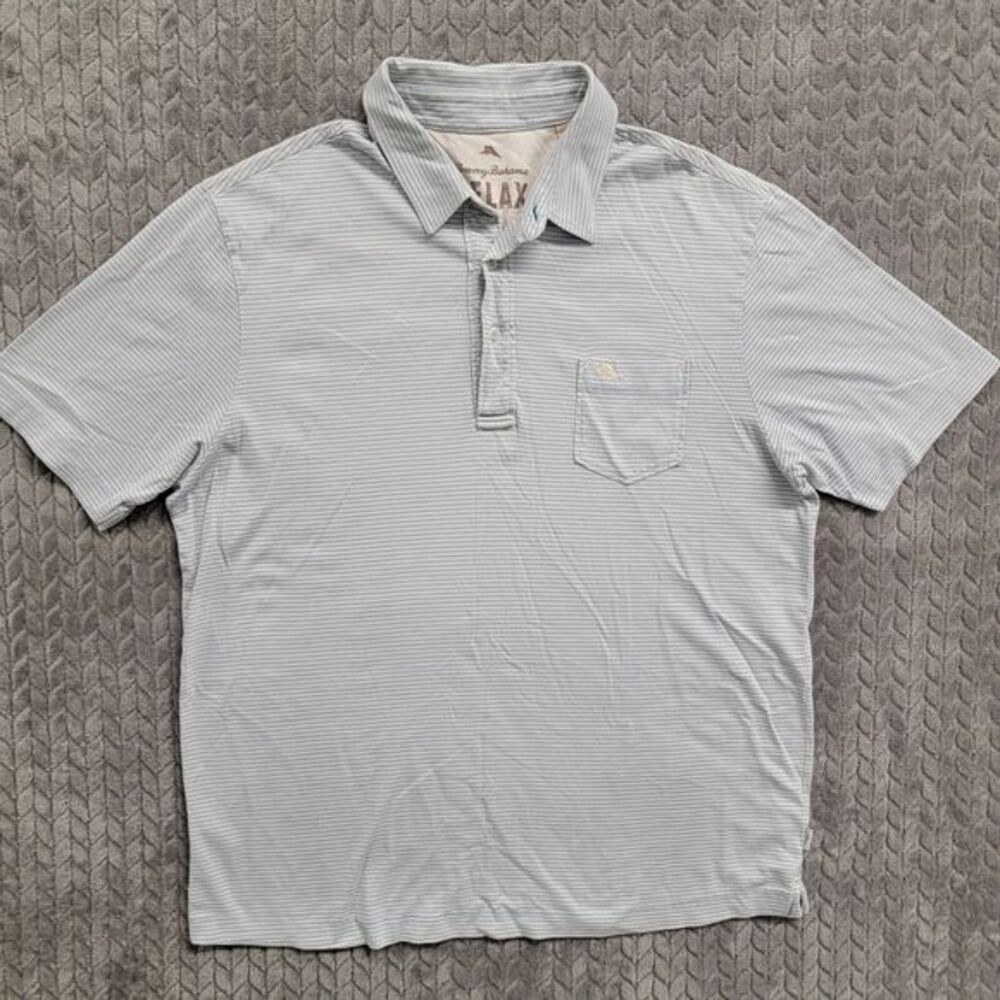 Tommy Bahama Relax Polo Men's Size Large Light Blue‎ Striped Short Sleeve Shirt